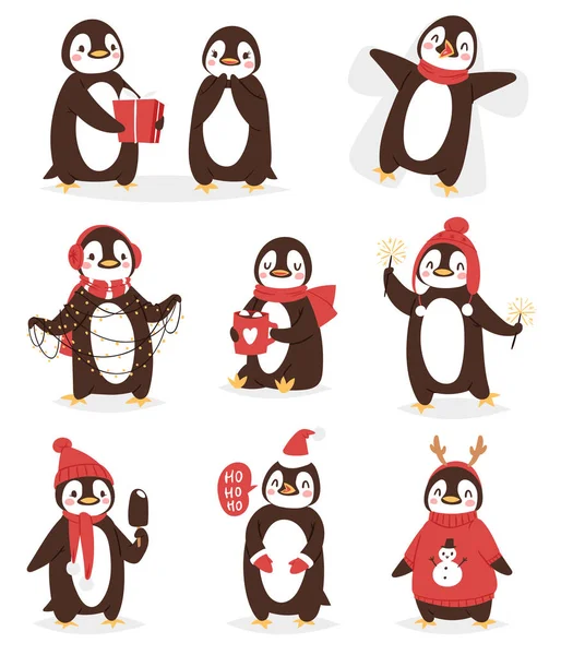 Noel sevimli penguen vektör karakter karikatür kuş kutlamak Noel pozlar - oyun, walc, sinek ve mutlu penguen yüzünü gülümseme Santa kırmızı şapkalı — Stok Vektör