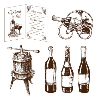 Vintage şarap şarap üretim el yapımı taslak şarap yapımı kroki fermantasyon üzüm içecek vektör çizim