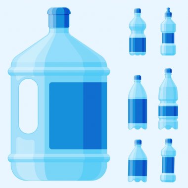 Su plastik şişe vektör şeffaf mineral içecek boş ferahlık doğa mavi temiz sıvı su sıvı şablon çizimi.