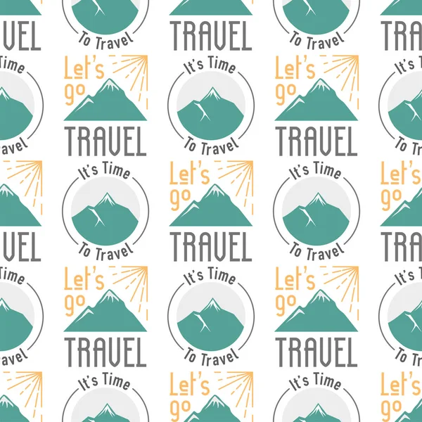 Vintage Typografie Reise Motivation nahtlose Muster Natur Abenteuer Vektor Abenteuer Emblem Illustration — Stockvektor