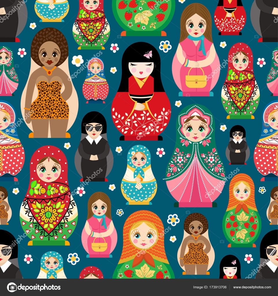 Traditional Russian doll Matryoshka toy nesting vector illustration with  human girl cute face seamless pattern background Stock Vector Image by  ©VectorShow #173913706