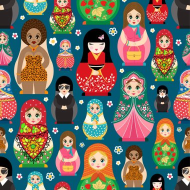 Geleneksel Rus bebek Matryoshka oyuncak vektör çizim insan kız sevimli yüzü Dikişsiz desen arka plan ile iç içe geçirme