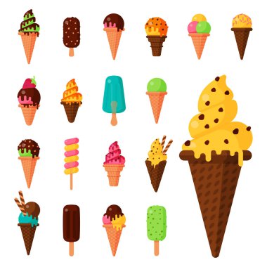 Vektör lezzetli renkli tatlılar tatlı karikatür soğuk dondurma seti ve lezzetli dondurulmuş dondurma koleksiyonu