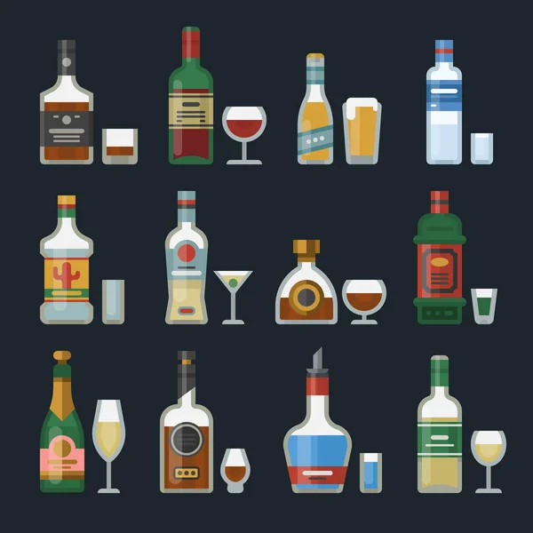 Alcohol bebidas fuertes en botellas copas de cóctel whisky coñac brandy cerveza champán vino vector ilustración — Vector de stock