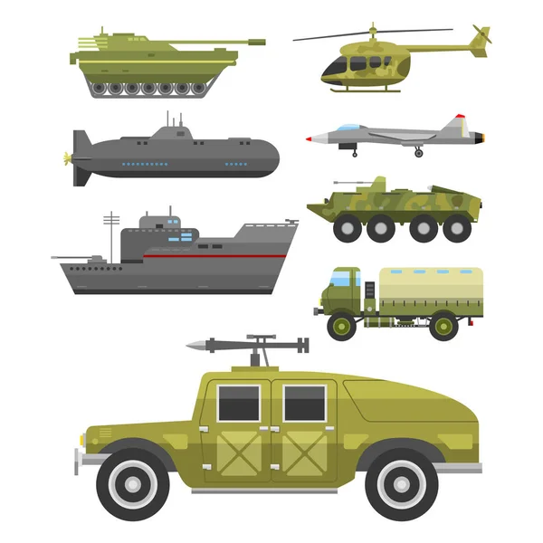 Técnica militar ejército guerra transporte lucha industria técnica armadura defensa vector colección — Vector de stock