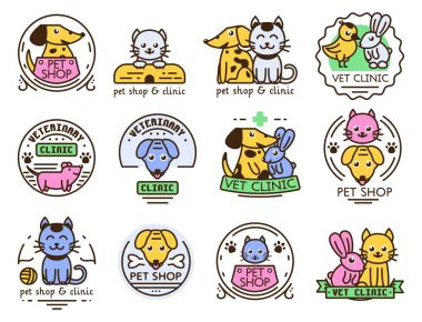 Evde beslenen hayvan rozet vektör grafik etiket kedi köpek veteriner hayvan etiket illüstrasyon iç Insignia ayarla