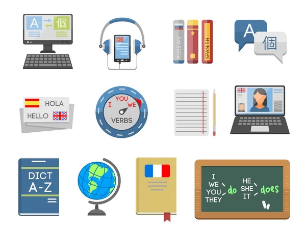 Illustration vectorielle icônes pour les programmes éducatifs langues enseignement à distance apprentissage en ligne — Image vectorielle