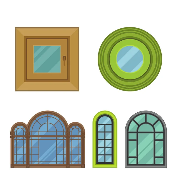 Different types house windows elements flat style frames construction decoration apartment vector illustration. — Stock Vector