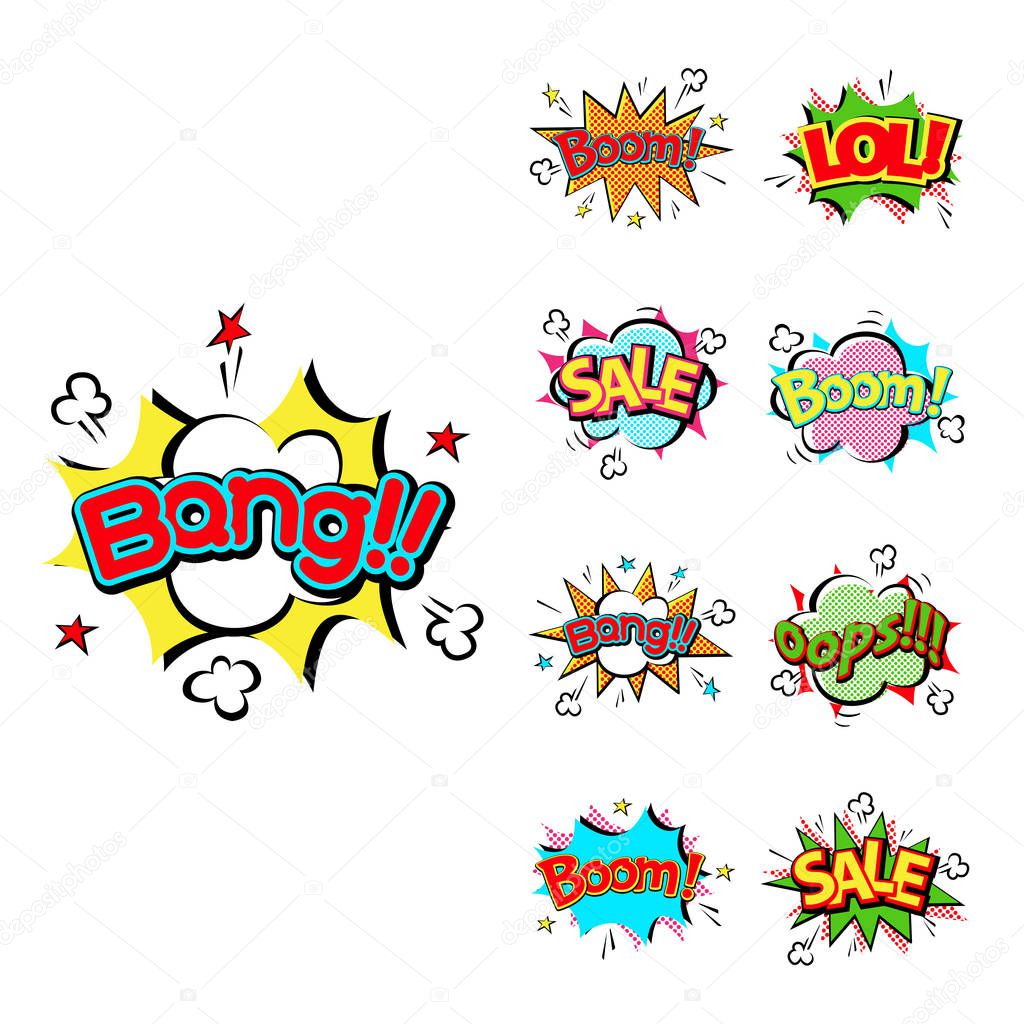 Pop art comic speech bubble boom effects vector explosion bang communication cloud fun humor illustration