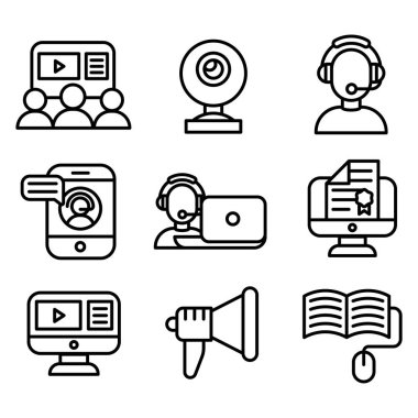 Vektör illüstrasyon iş webinar ve online eğitim internet eğitimler simgeleri anahat.