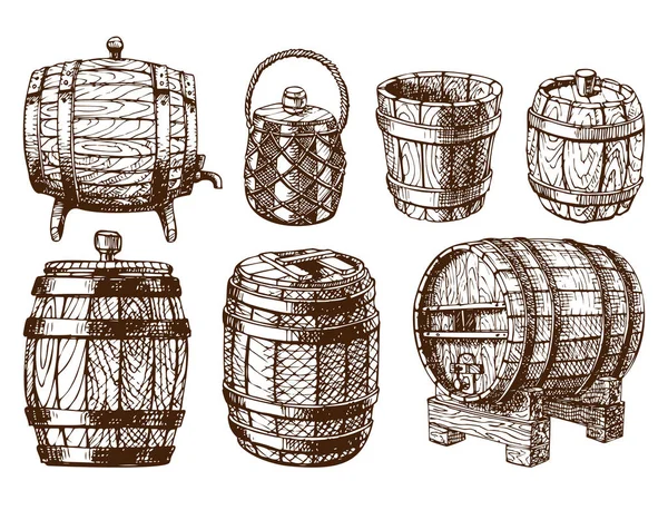 Drewniane beczki vintage starym wyjadaczem ciągnione szkic przechowywania pojemnika ciekłym napojem fermentacji gorzelnia ładunku bębna lager wektor ilustracja. — Wektor stockowy