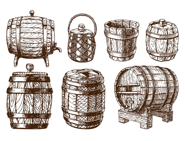 Baril en bois vintage vieux croquis dessiné à la main récipient de stockage boisson liquide fermentation distillerie cargaison tambour lager vecteur illustration . — Image vectorielle