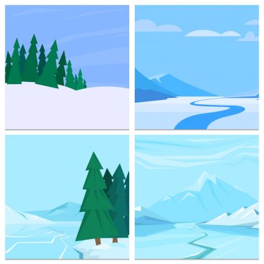 Dondurulmuş doğa Noel ağacı Dağı kış manzarası duvar kağıdı güzel doğal vektör çizim.