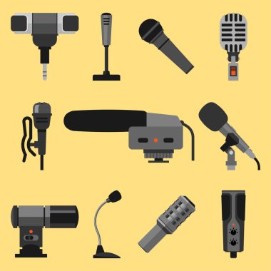 Müzik vokal aracı tv aracı farklı mikrofon türleri simgeler vektör.