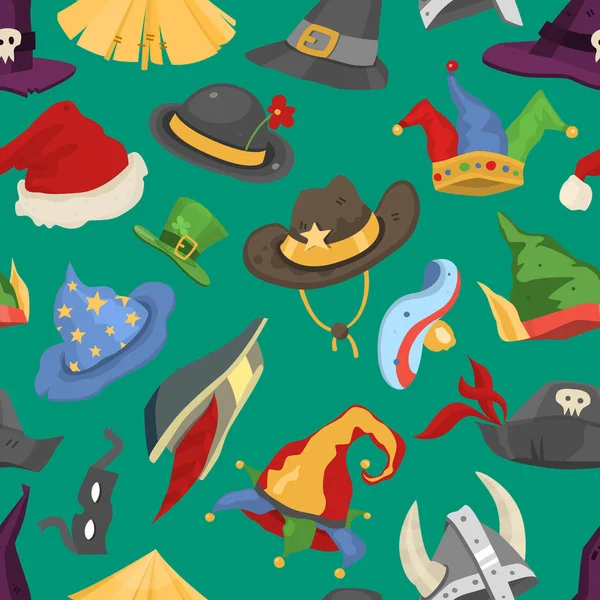 Різні кумедні святкові карнавальні капелюхи для святкування вечірок традиційні векторні ілюстрації фону безшовний візерунок — стоковий вектор