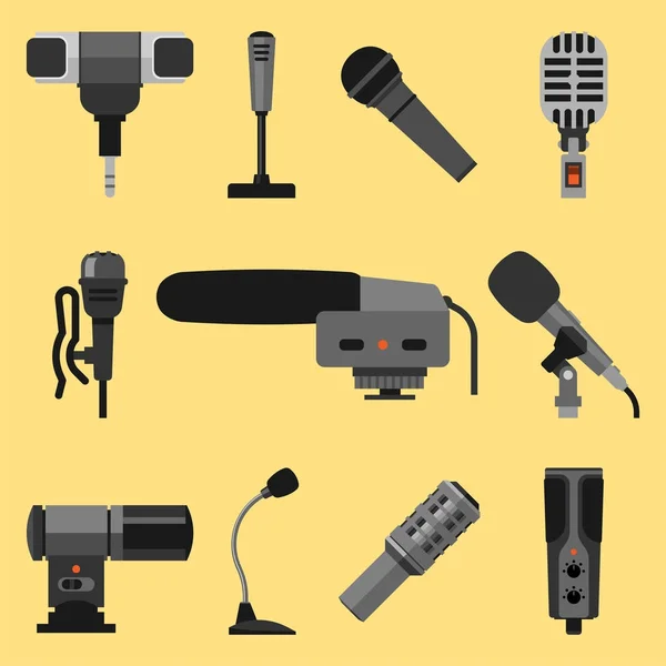 Diferentes tipos de micrófonos iconos vector de música herramienta de TV herramienta vocal . — Archivo Imágenes Vectoriales