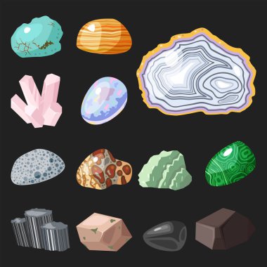Yarı değerli taşlar taşlar ve mineral taş zar renkli parlak kristal vektör illüstrasyon izole