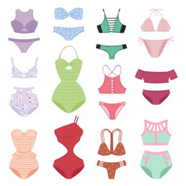 Mayo kadın modelleri koleksiyonu vektör çizim kızlar klasik yaz plaj moda vintage bikini koleksiyonu tasarım