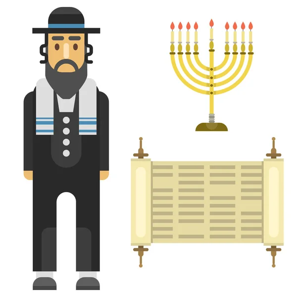 Judaïsme église symboles traditionnels isolé Hanoukka synagogue religieuse Pâque hébreu caractère juif vecteur illustration . — Image vectorielle