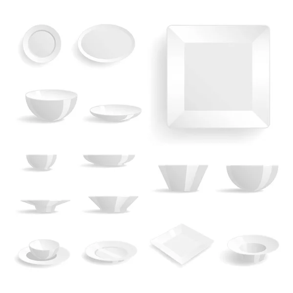 Placas brancas vazias conjunto isolado vetor ilustração modelos jantar design branco limpo utensílios de mesa — Vetor de Stock