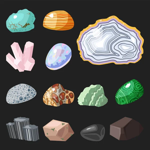 Piedras preciosas semi piedras preciosas y piedra mineral aislado dados colorido brillante vector cristalino ilustración — Archivo Imágenes Vectoriales