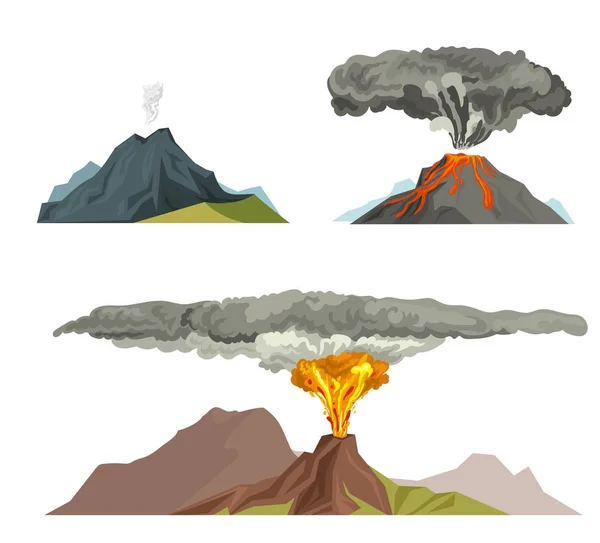 Volcán magma naturaleza soplando con humo erupción volcánica lava montaña vector ilustración — Vector de stock