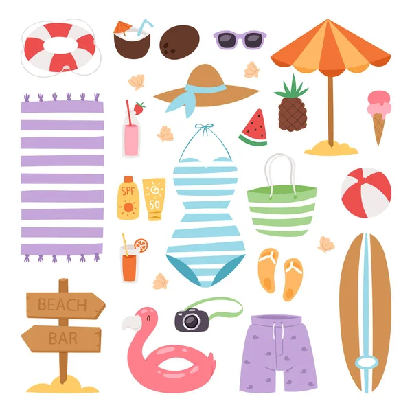 Sommer Mode Strand Meer Zeit Badeanzug Kleidung und Accessoires Vektor Illustration Urlaub Badeanzug sieht Bild-Design — Stockvektor
