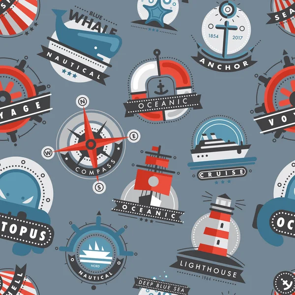 Nautical templates marine sea logo badges anchor design emblems graphics vector seamless pattern background — Stock Vector