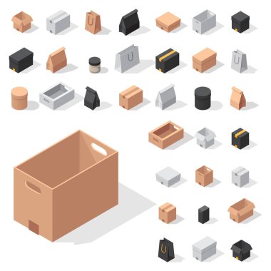 Hizmet veya hediye konteyner ambalaj illüstrasyon izole farklı kutu vektör izometrik simgeleri taşımak