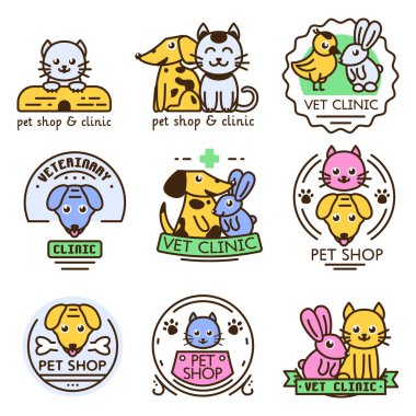 Evde beslenen hayvan rozet vektör grafik etiket kedi köpek veteriner hayvan etiket illüstrasyon iç Insignia ayarla