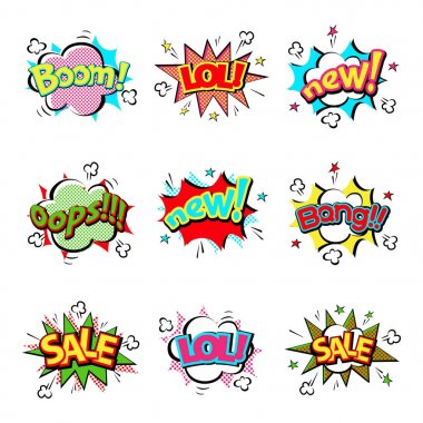 Pop art komik konuşma balonu patlama efektleri vektör patlama patlama iletişim bulut eğlence mizah illüstrasyon