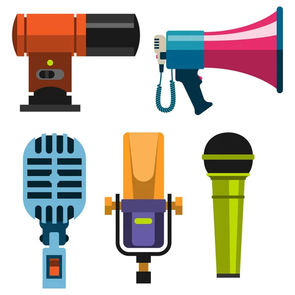 Different microphones types icons journalist vector interview music tool tv tool. — Stock Vector