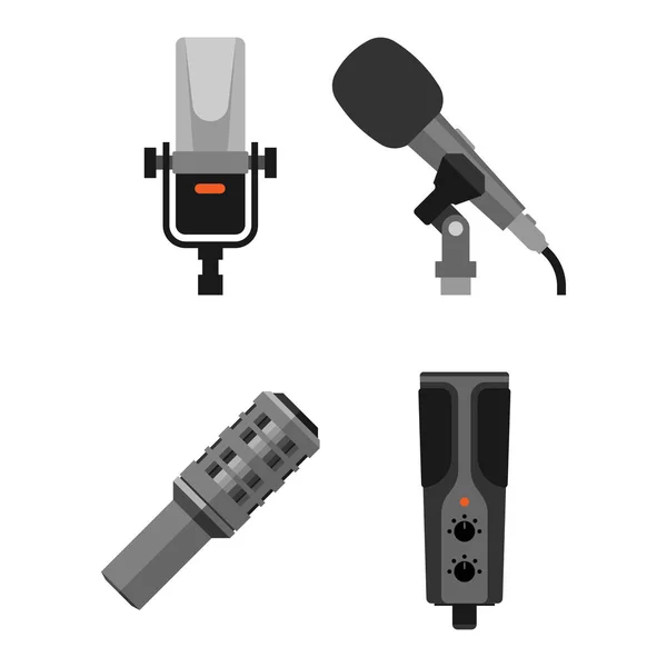 Different microphones types icons journalist vector interview music tool tv tool. — Stock Vector