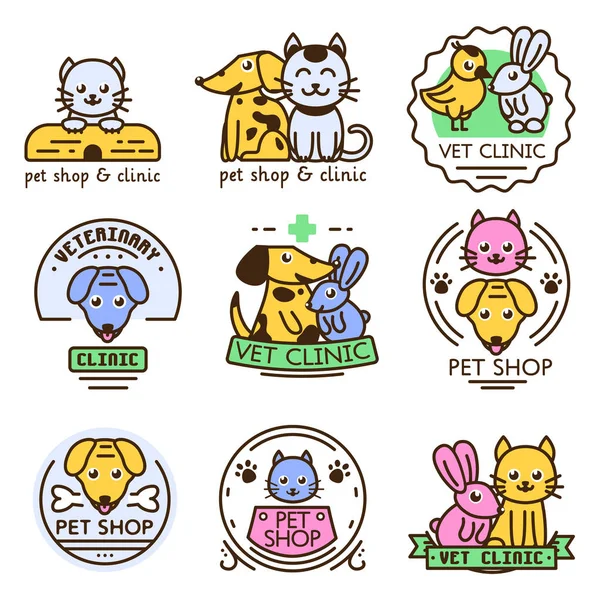 Sällskapsdjur badge vector graphic klistermärke ställa inhemska insignier katt hund veterinärmedicinska djur klistermärke illustration — Stock vektor