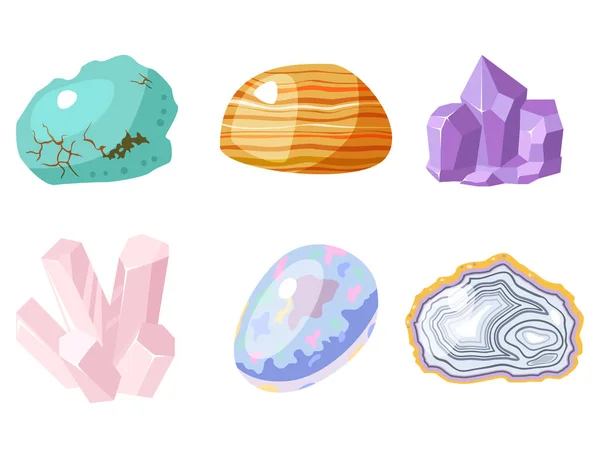 Piedras preciosas semi piedras preciosas y piedra mineral aislado dados colorido brillante vector cristalino ilustración — Archivo Imágenes Vectoriales