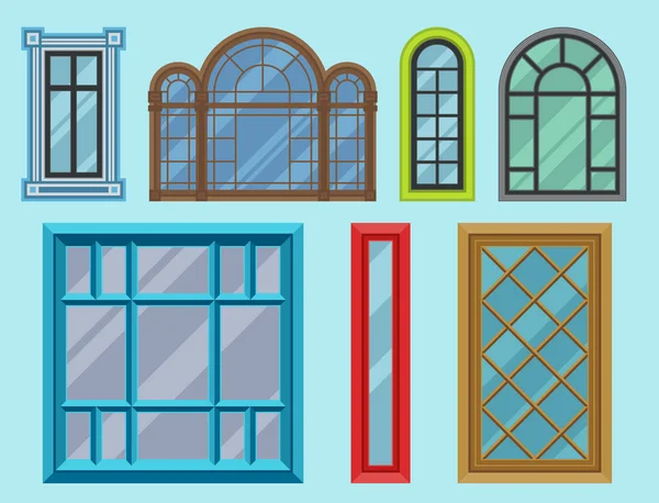 Διαφορετικοί τύποι σπίτι εικονογράφηση φορέα διαμέρισμα διακόσμηση κατασκευή πλαισίων επίπεδη στυλ στοιχεία των windows. — Διανυσματικό Αρχείο