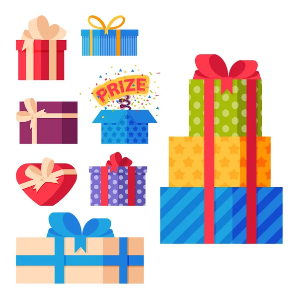 Cajas de regalo paquete composición evento saludo objeto cumpleaños aislado vector ilustración . — Archivo Imágenes Vectoriales