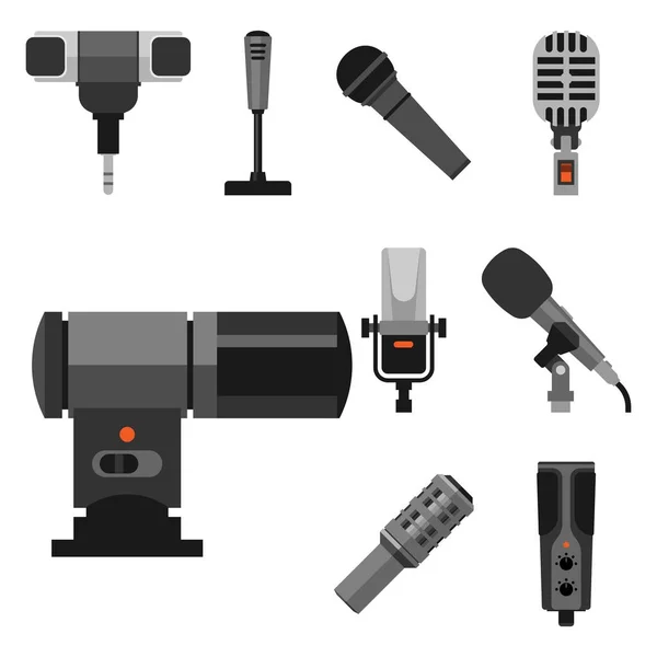 Verschillende microfoons typen pictogrammen gereedschap tv vector — Stockvector