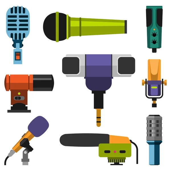 Verschillende microfoons typen pictogrammen gereedschap tv vector — Stockvector