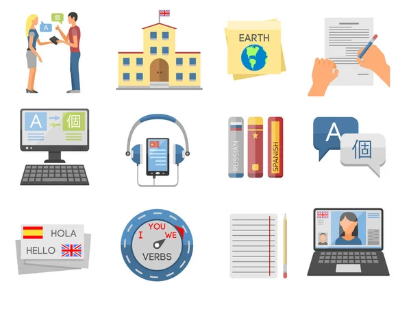 Illustration vectorielle icônes pour les programmes éducatifs langues enseignement à distance apprentissage en ligne — Image vectorielle