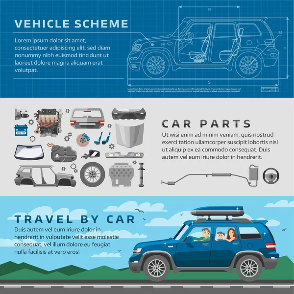 Autó javítás auto service vektor szerelő garázs munkavállaló karrier infographic koncepció. Gépkocsi alkatrészek és boldog családi jármű autó utazás illusztráció — Stock Vector