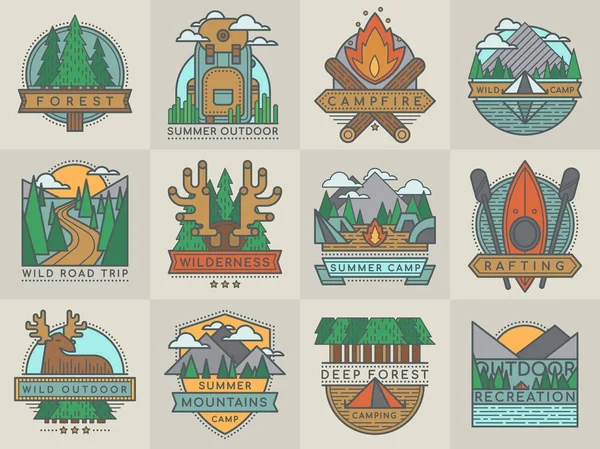 Camping odkryty turystycznych podróży logo scout odznaki szablon herby wektor ilustracja zestaw — Wektor stockowy