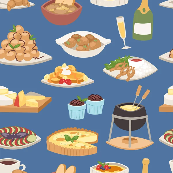 Fransk mat vektor traditionella läckra rätter måltid hälsosam middag lunch kontinentala fransmannen gourmet plattan maträtt sömlösa mönster mat bakgrund illustration — Stock vektor