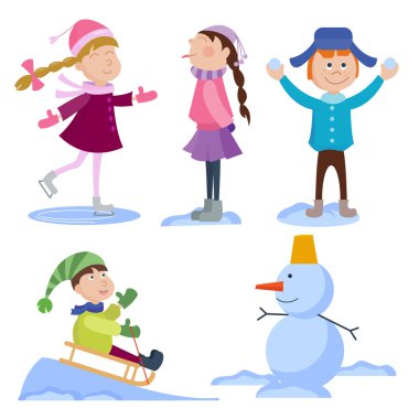 Kış oyunları oynayan Noel çocuklar yeni yıl kış tatil arka plan vektör çizim karikatür.