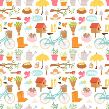 Bahar ve yaz doğa sembolleri ve Bahçe araçları Dikişsiz desen arka plan illüstrasyon vektör