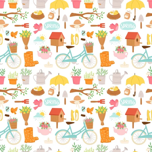 Voorjaar en zomer natuur symbolen en tuinieren hulpmiddelen naadloze patroon achtergrond vector illustratie — Stockvector