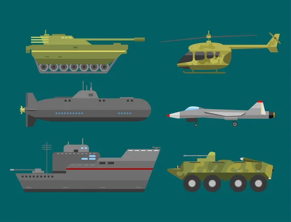 Técnica militar ejército guerra transporte lucha industria técnica armadura defensa vector colección — Vector de stock