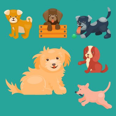 Vektör çizim şirin oynayan karakterler komik safkan köpek komik mutlu memeli cins köpekler