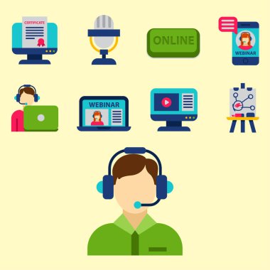 Düz tasarım simgeler online eğitim personeli kitapçıda bilgi öğrenme uzak eğitim illüstrasyon vektör