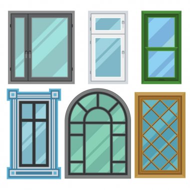 Farklı türleri windows öğeleri düz stil kare inşaat dekorasyon daire vektör çizim ev.